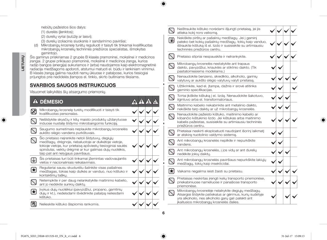 Samsung FG87SUST/XEO, FG87SUB/XEO manual Svarbios Saugos Instrukcijos, Visuomet laikykitės šių atsargumo priemonių 