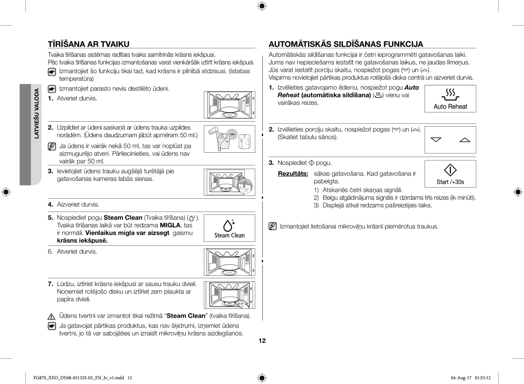 Samsung FG87SUST/XEO, FG87SUB/XEO manual Tīrīšana AR Tvaiku, Automātiskās Sildīšanas Funkcija 