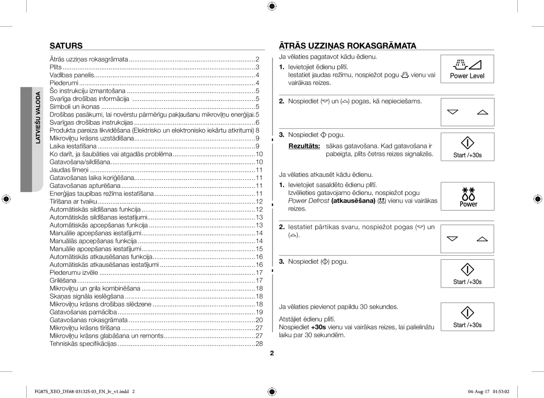 Samsung FG87SUST/XEO, FG87SUB/XEO manual Saturs, Ātrās Uzziņas Rokasgrāmata, Automātiskās atkausēšanas funkcija 