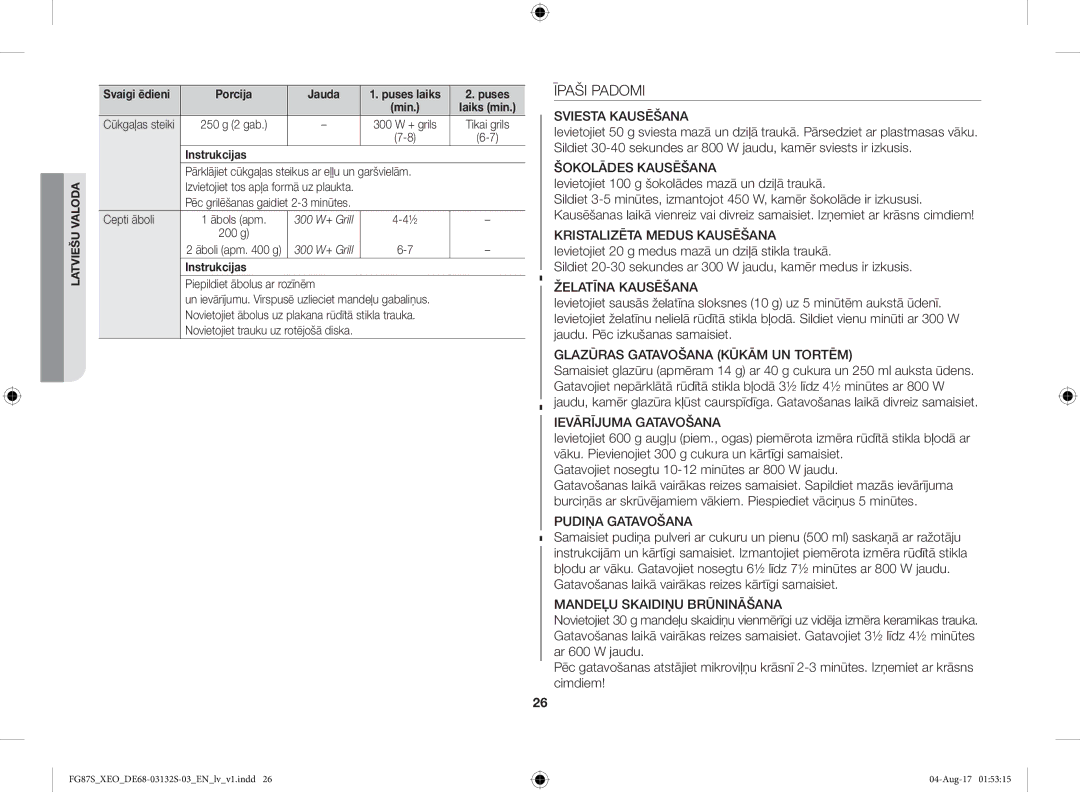 Samsung FG87SUST/XEO, FG87SUB/XEO manual Īpaši Padomi, Ievietojiet 100 g šokolādes mazā un dziļā traukā, Cepti āboli 