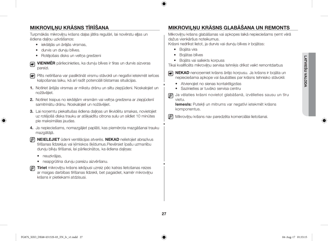 Samsung FG87SUB/XEO, FG87SUST/XEO manual Mikroviļņu Krāsns Tīrīšana, Mikroviļņu Krāsns Glabāšana UN Remonts 