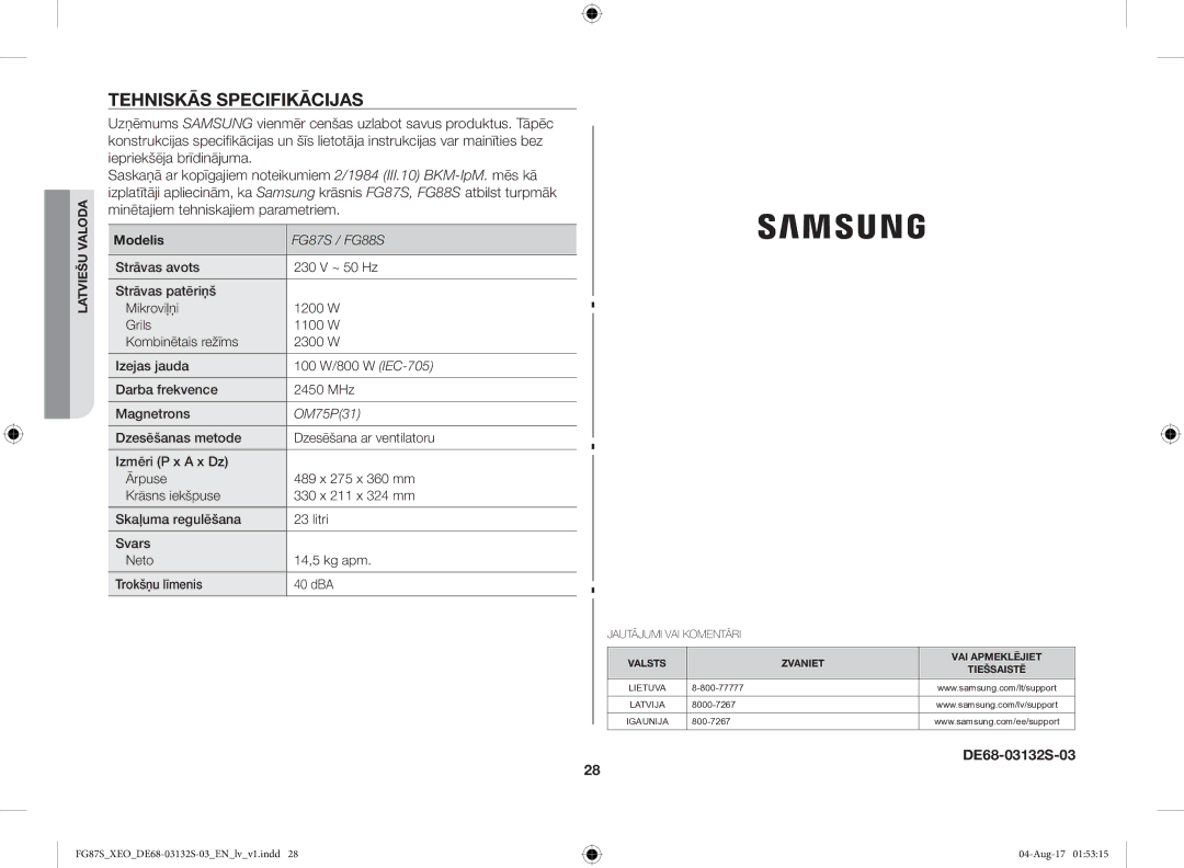 Samsung FG87SUST/XEO, FG87SUB/XEO manual Tehniskās Specifikācijas, Modelis 