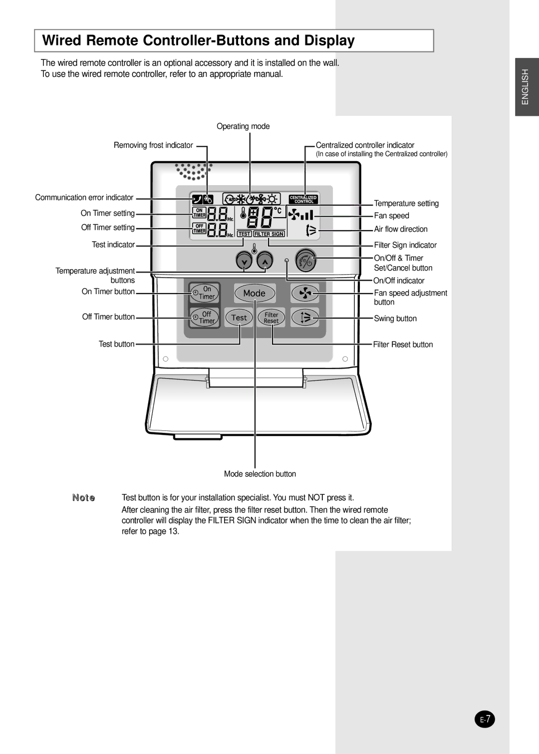 Samsung FH052EAMT, FH070EAMT manuel dutilisation Wired Remote Controller-Buttons and Display 