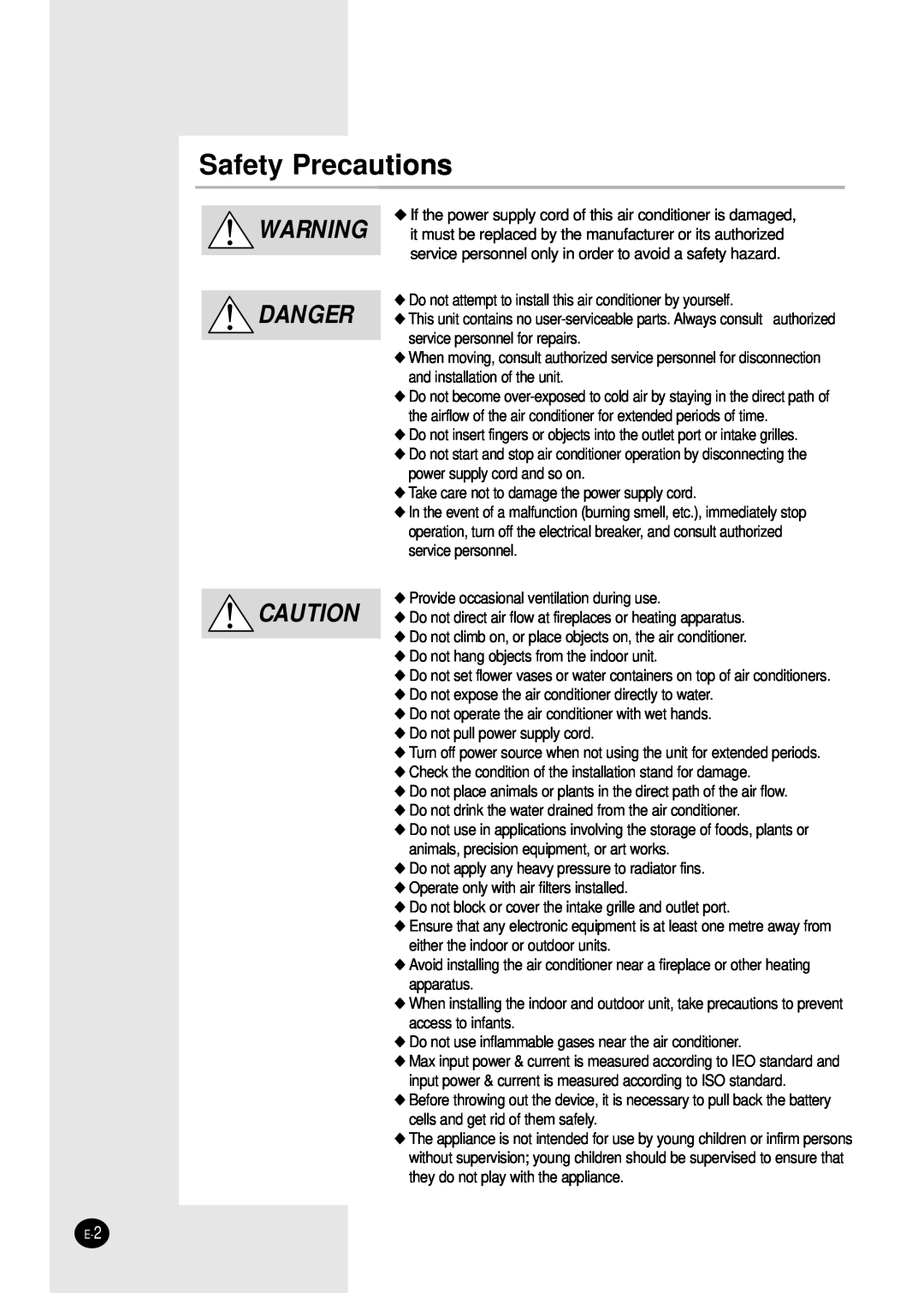 Samsung FH070EAMT, FH052EAMT manuel dutilisation Safety Precautions, Danger 
