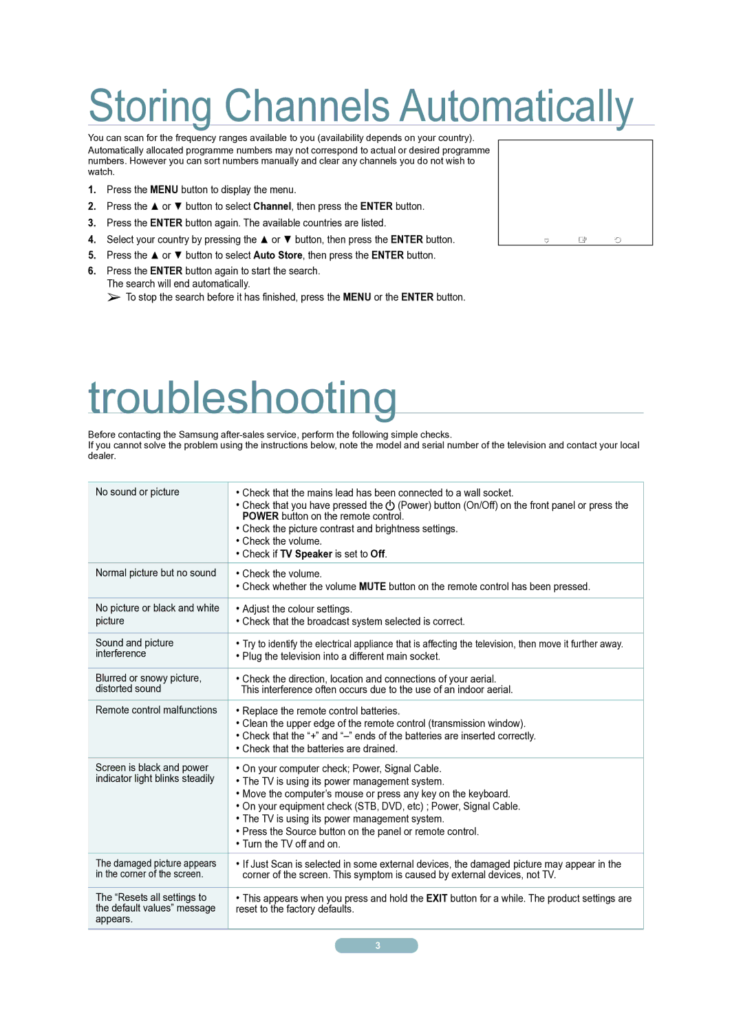 Samsung Flat Panel Television quick start Troubleshooting, Storing Channels Automatically 