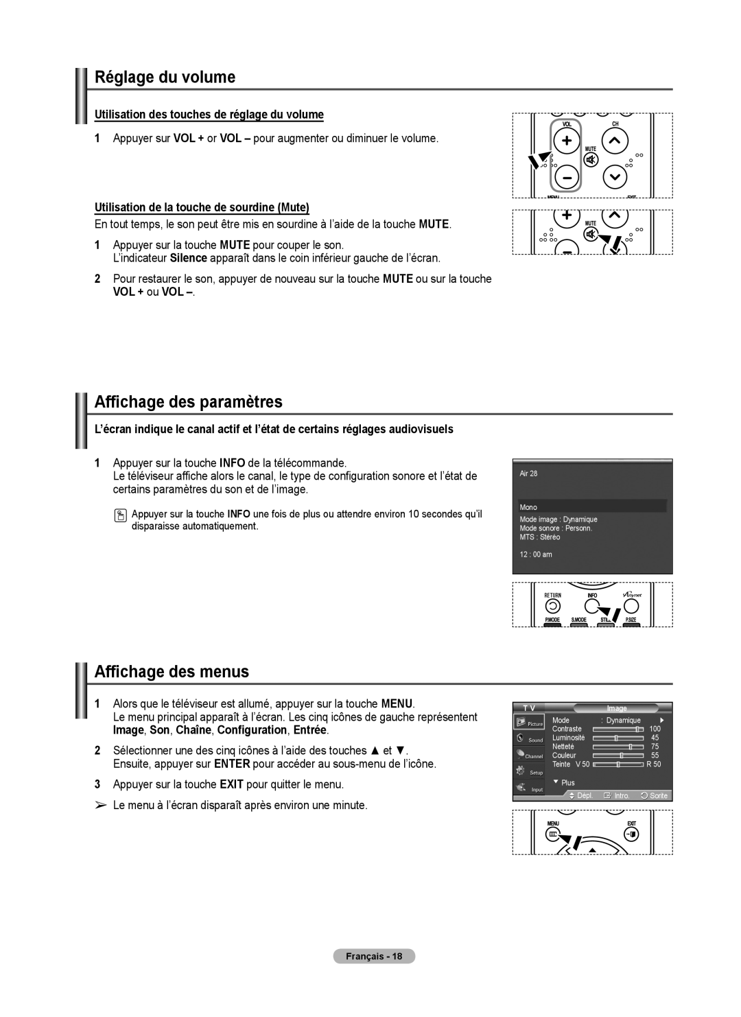 Samsung FP-T6374 manual Réglage du volume, Affichage des paramètres, Affichage des menus 