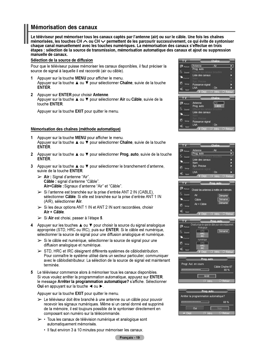 Samsung FP-T6374 manual Mémorisation des canaux, Mémorisation des chaînes méthode automatique, Chaîne, Prog. auto 