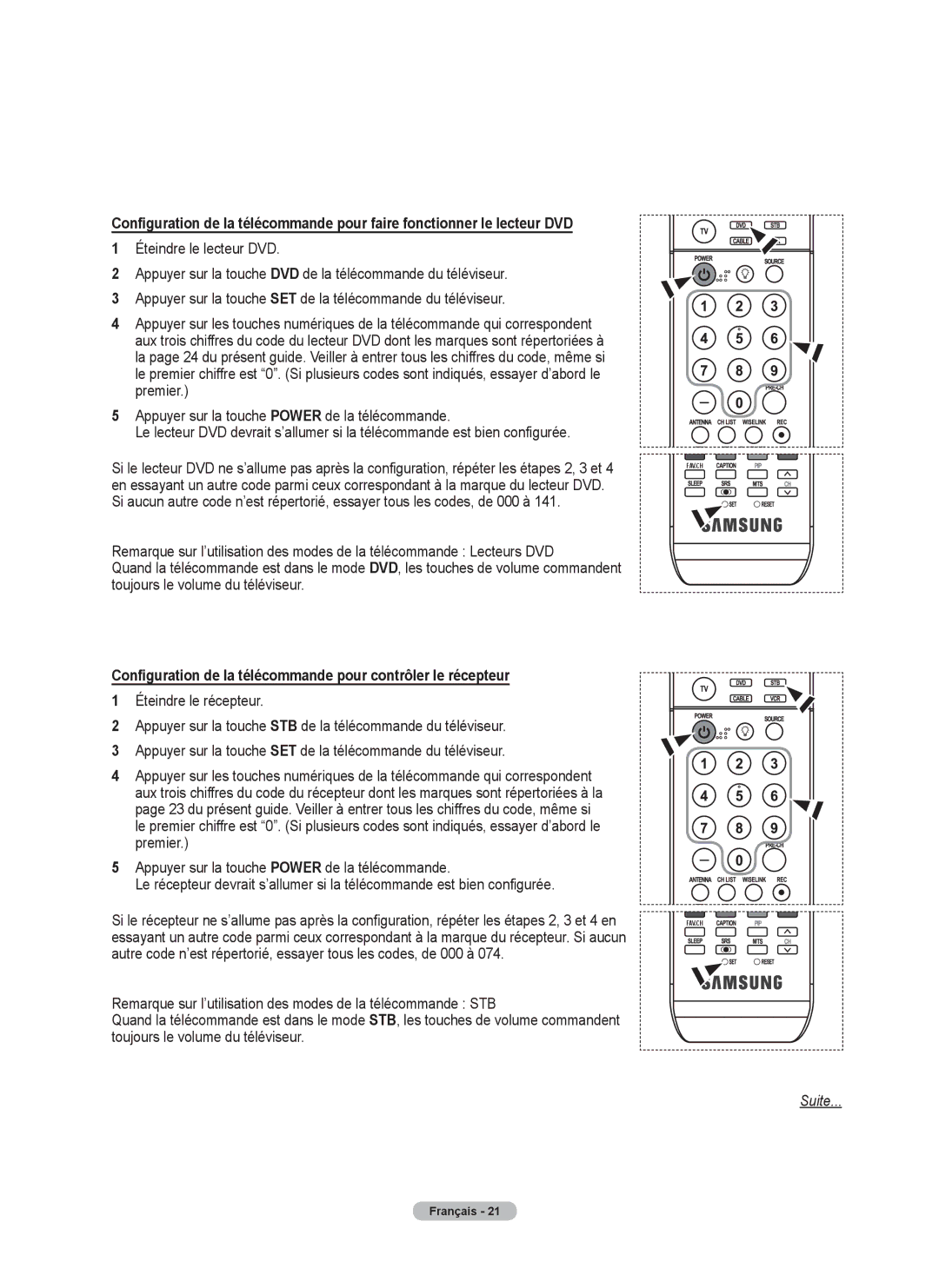 Samsung FP-T6374 manual Configuration de la télécommande pour contrôler le récepteur 