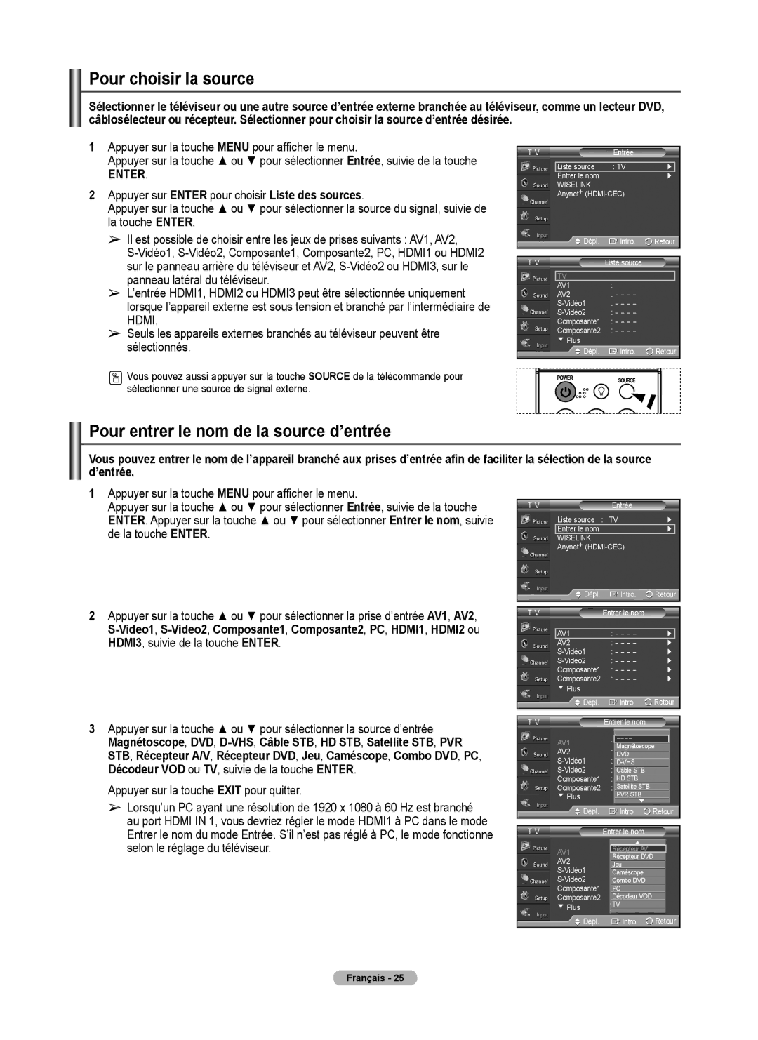 Samsung FP-T6374 manual Pour choisir la source, Pour entrer le nom de la source d’entrée 