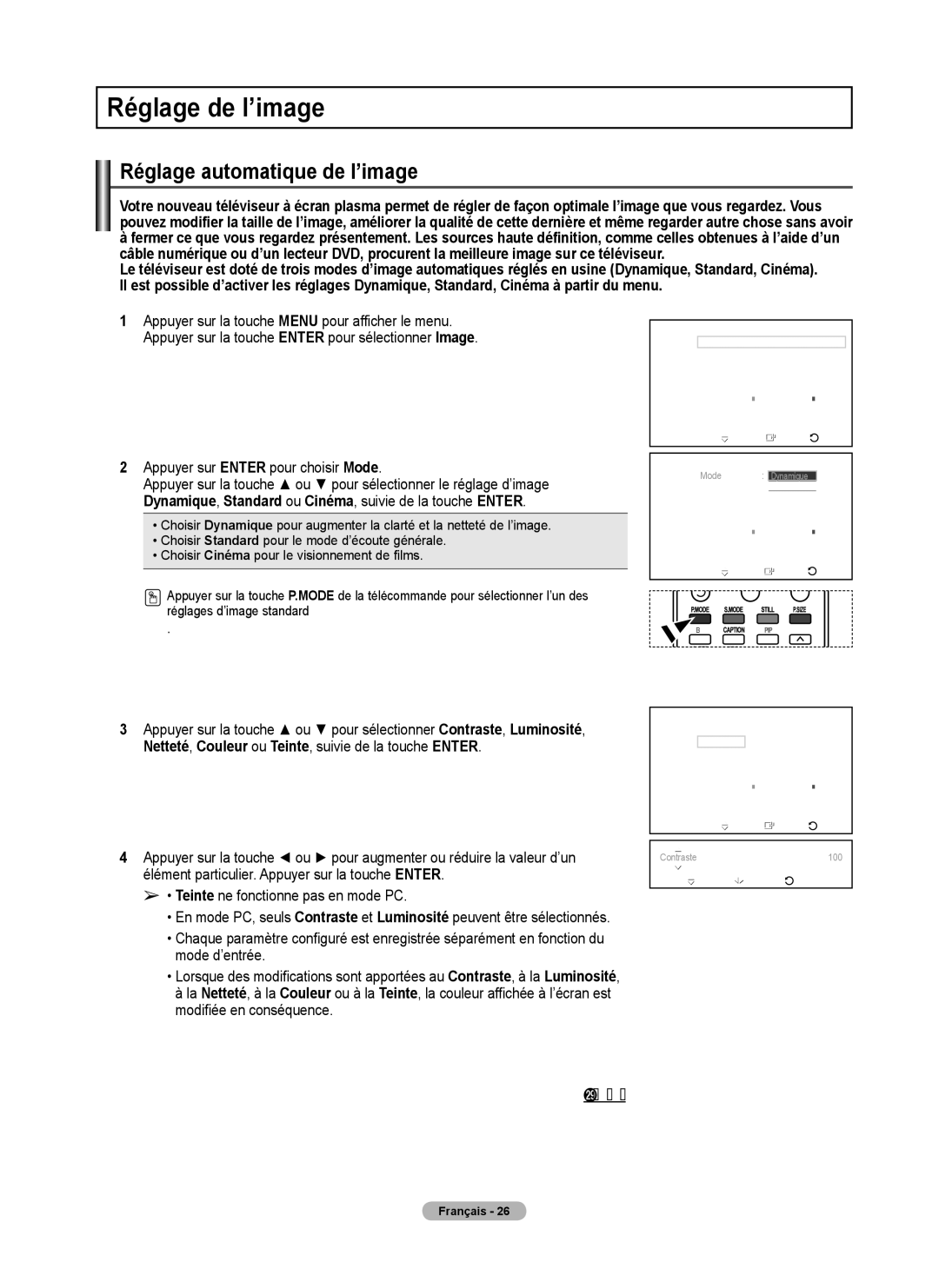 Samsung FP-T6374 manual Réglage de l’image, Réglage automatique de l’image, Appuyer sur Enter pour choisir Mode 