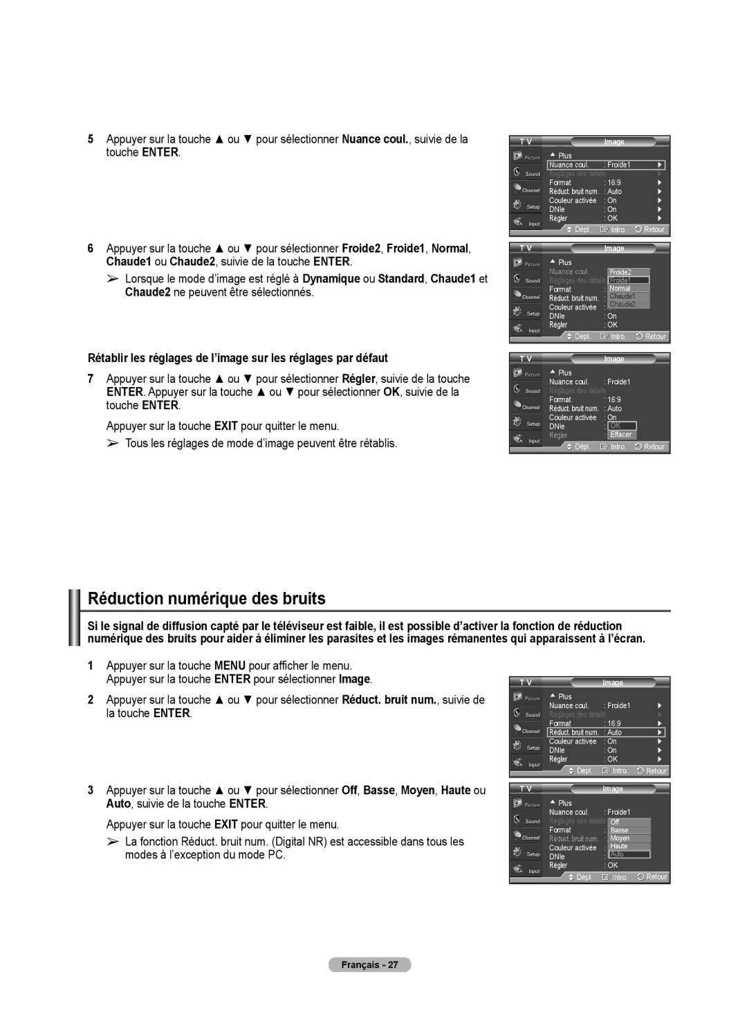 Samsung FP-T6374 manual Réduction numérique des bruits, Rétablir les réglages de l’image sur les réglages par défaut 