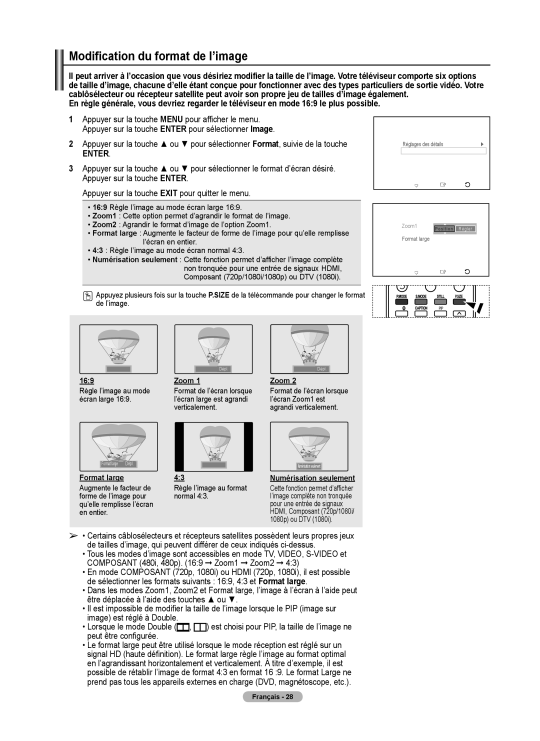 Samsung FP-T6374 manual Modification du format de l’image, Peut être configurée, Zoom, Format large 