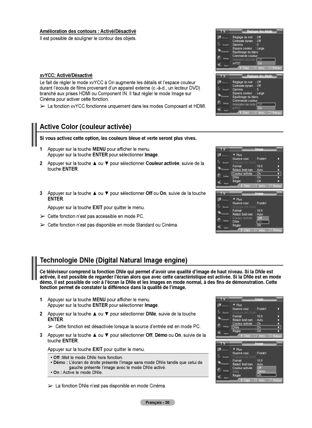 Samsung FP-T6374 manual Active Color couleur activée, Technologie DNIe Digital Natural Image engine, XvYCC Activé/Désactivé 