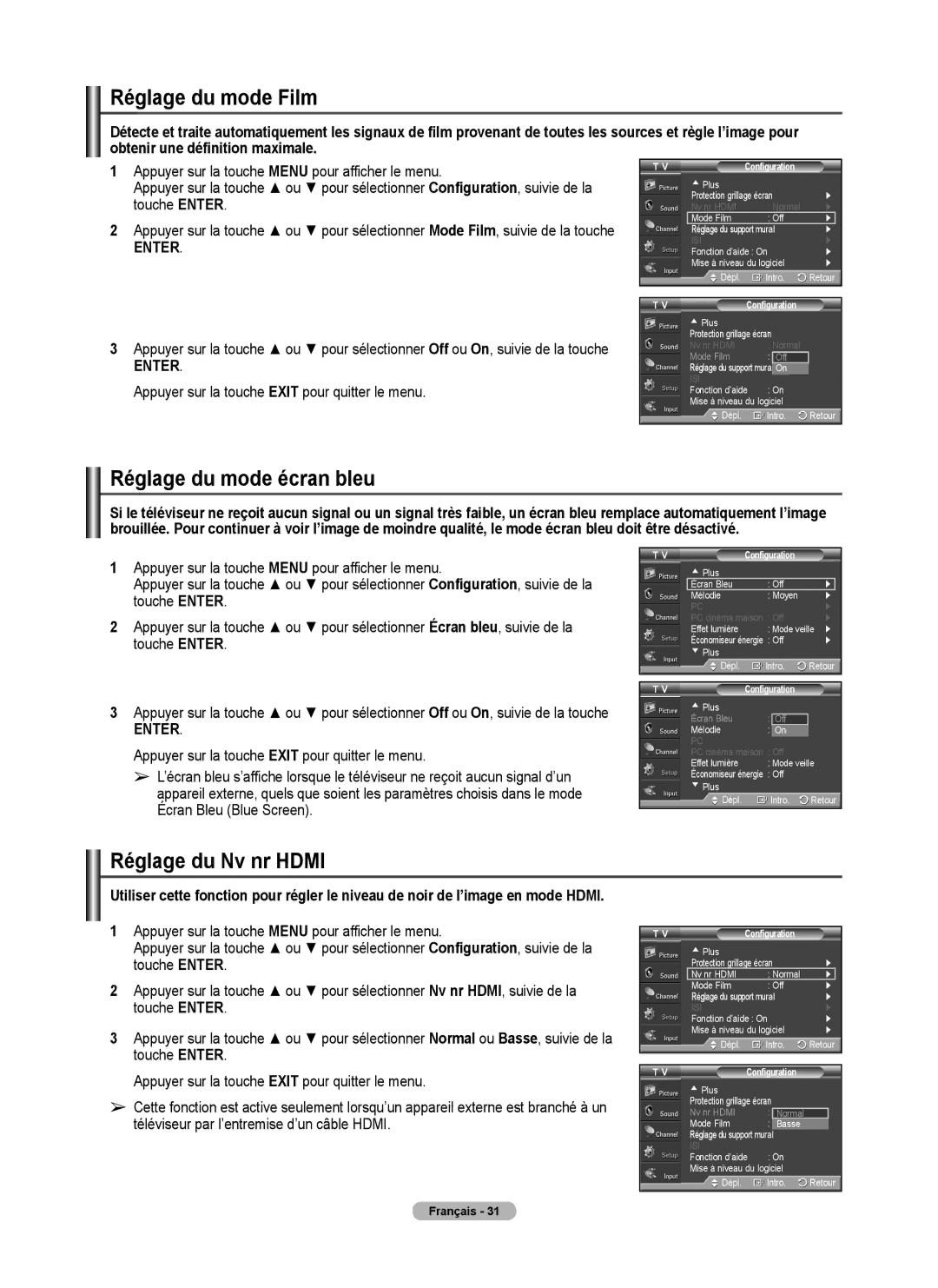 Samsung FP-T6374 manual Réglage du mode Film, Réglage du mode écran bleu, Réglage du Nv nr Hdmi 