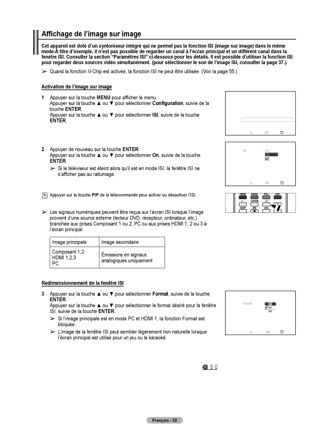 Samsung FP-T6374 Affichage de l’image sur image, Activation de l’image sur image, Redimensionnement de la fenêtre ISI 