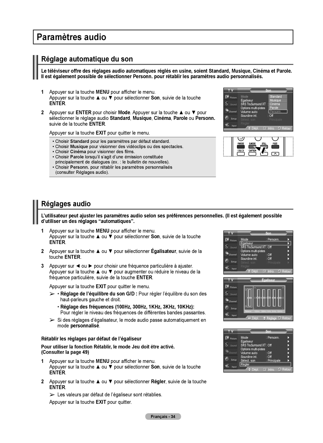 Samsung FP-T6374 manual Paramètres audio, Réglage automatique du son, Réglages audio, Son, Égaliseur 