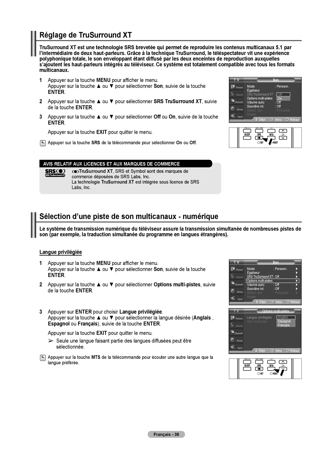 Samsung FP-T6374 manual Réglage de TruSurround XT, Sélection d’une piste de son multicanaux numérique, Langue privilégiée 