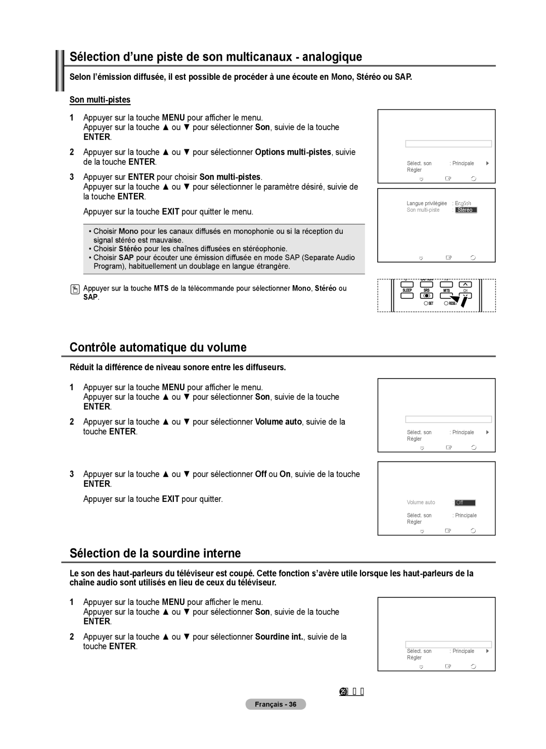 Samsung FP-T6374 manual Sélection d’une piste de son multicanaux analogique, Contrôle automatique du volume 