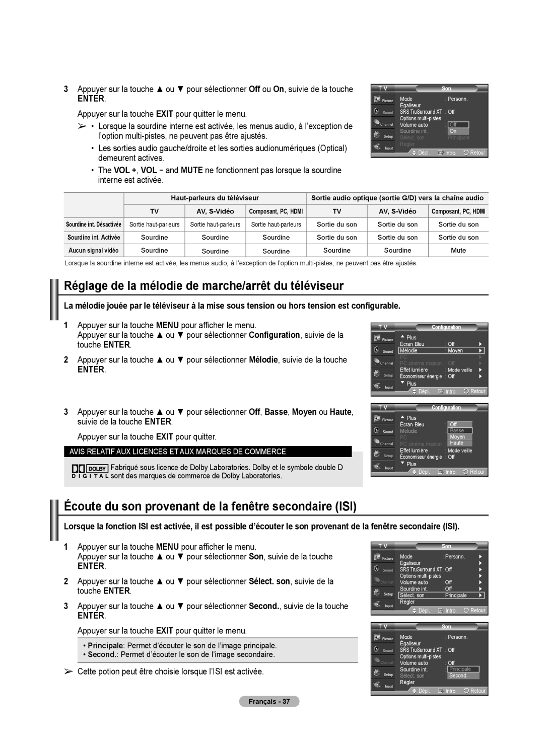 Samsung FP-T6374 Réglage de la mélodie de marche/arrêt du téléviseur, Écoute du son provenant de la fenêtre secondaire ISI 