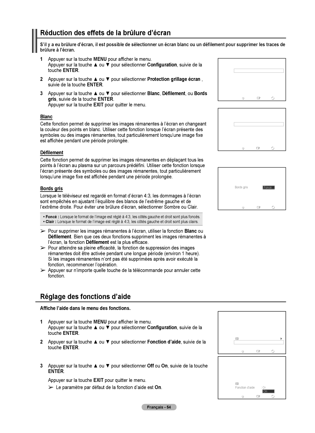 Samsung FP-T6374 manual Réduction des effets de la brûlure d’écran, Réglage des fonctions d’aide 