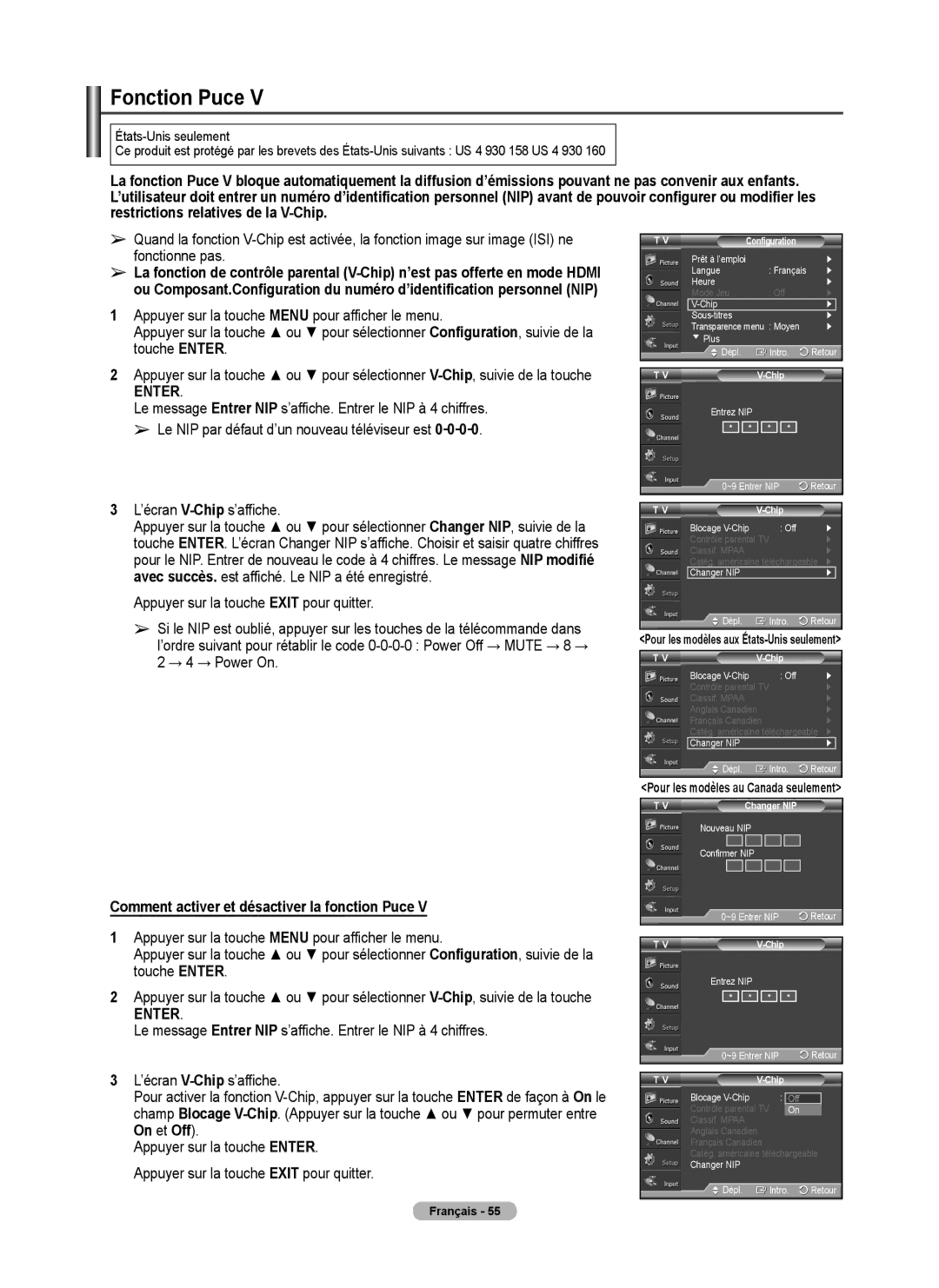 Samsung FP-T6374 Fonction Puce, ’écran V-Chips’affiche, Comment activer et désactiver la fonction Puce, ~9 Entrer NIP 