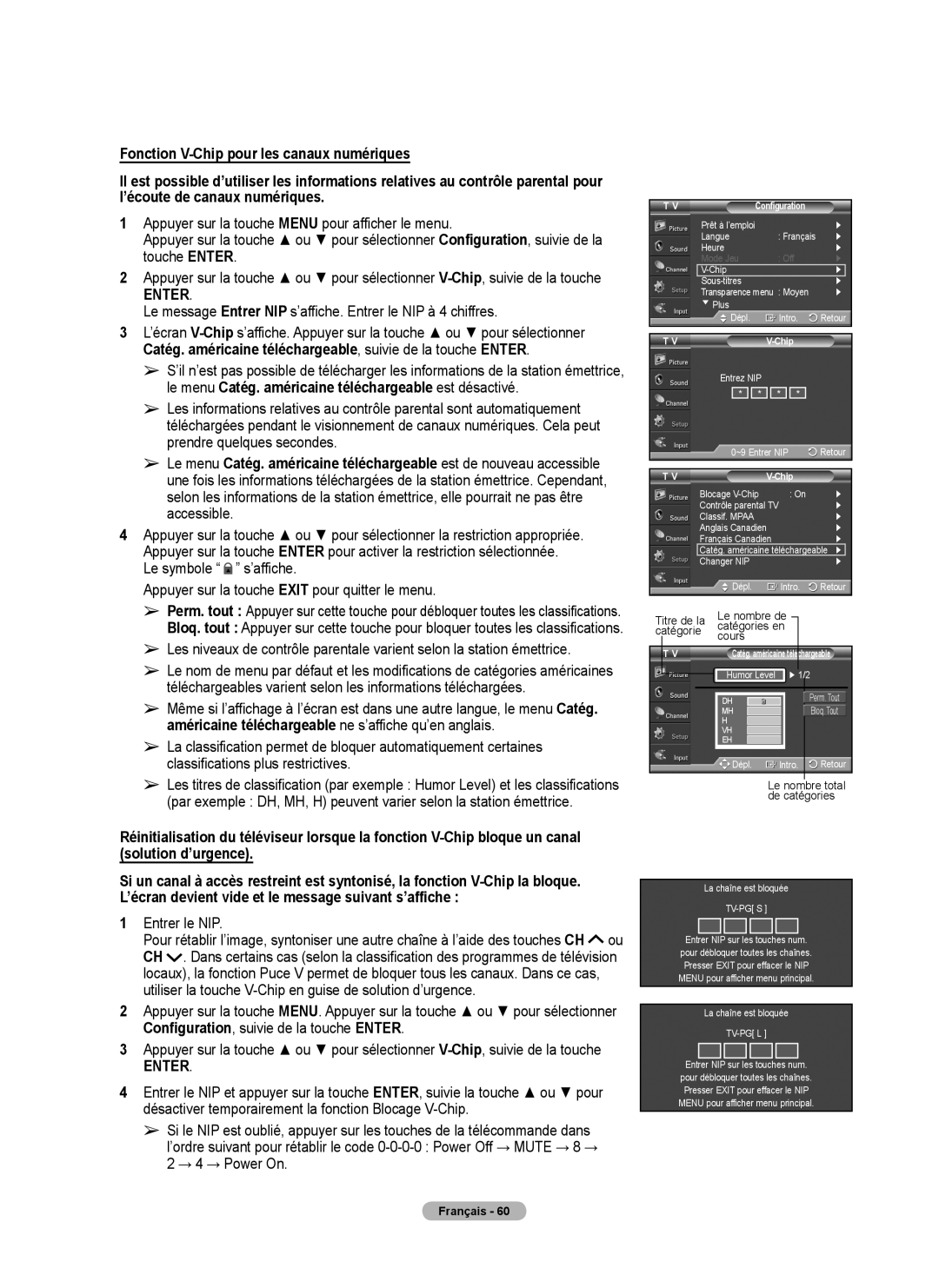 Samsung FP-T6374 manual Le message Entrer NIP s’affiche. Entrer le NIP à 4 chiffres 