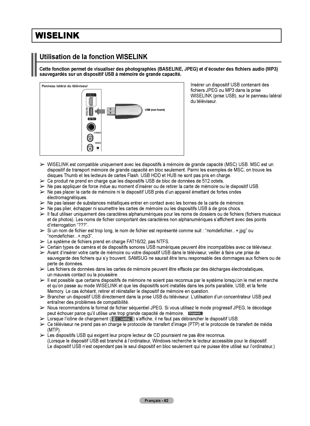 Samsung FP-T6374 manual Utilisation de la fonction Wiselink, Insérer un dispositif USB contenant des, Du téléviseur 