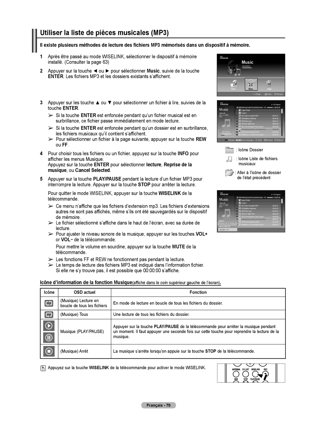 Samsung FP-T6374 manual Utiliser la liste de pièces musicales MP3, Icône Dossier Icône Liste de fichiers musicaux, Musique 