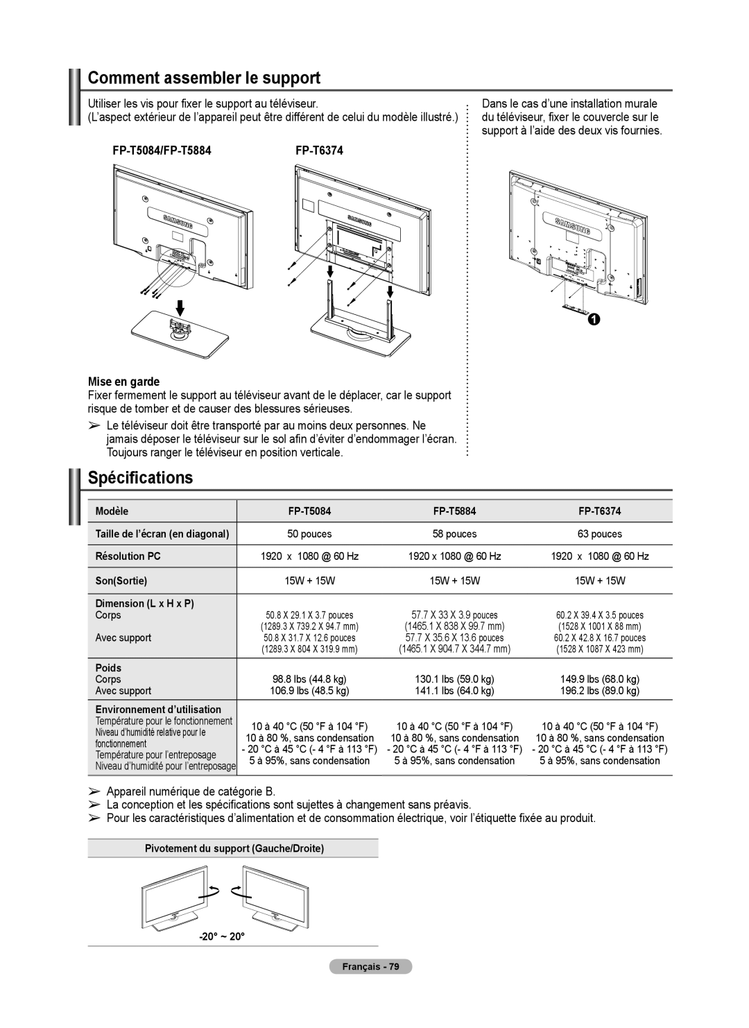 Samsung FP-T6374 manual Comment assembler le support, Spécifications, Utiliser les vis pour fixer le support au téléviseur 