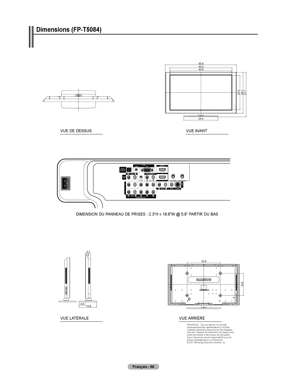 Samsung FP-T6374 manual VUE DE Dessus VUE Avant 