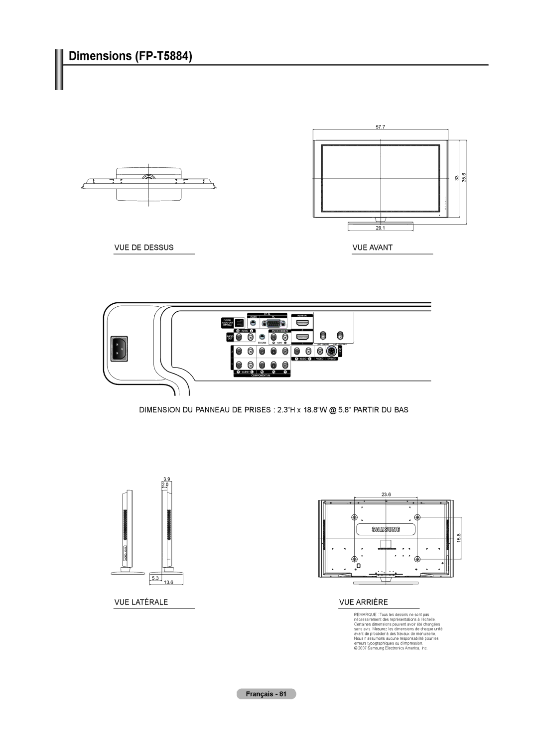 Samsung FP-T6374 manual Dimensions FP-T5884 