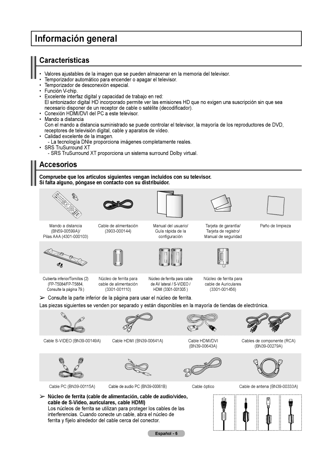 Samsung FP-T6374 manual Información general, Características, Accesorios 