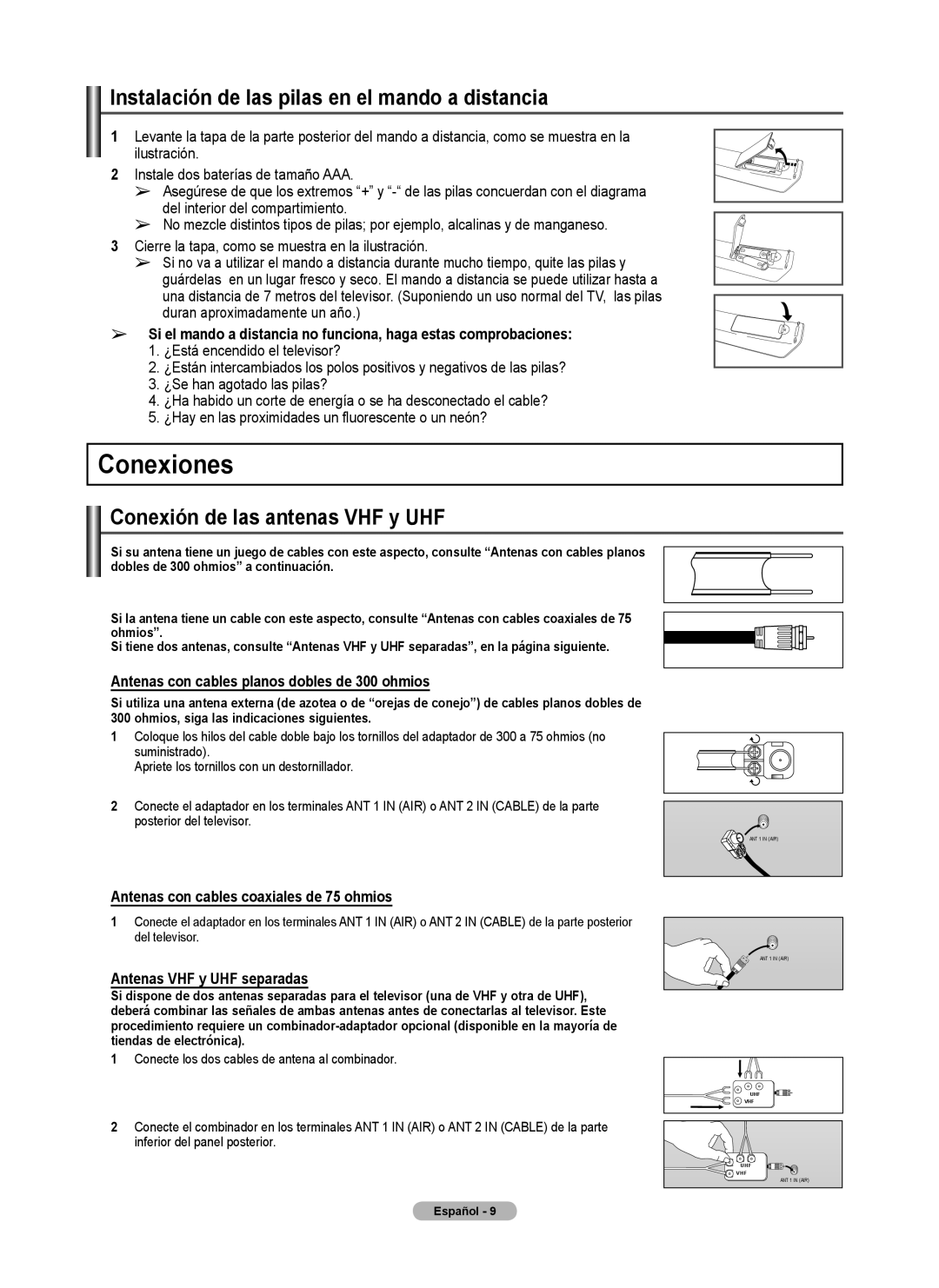 Samsung FP-T6374 manual Conexiones, Instalación de las pilas en el mando a distancia, Conexión de las antenas VHF y UHF 