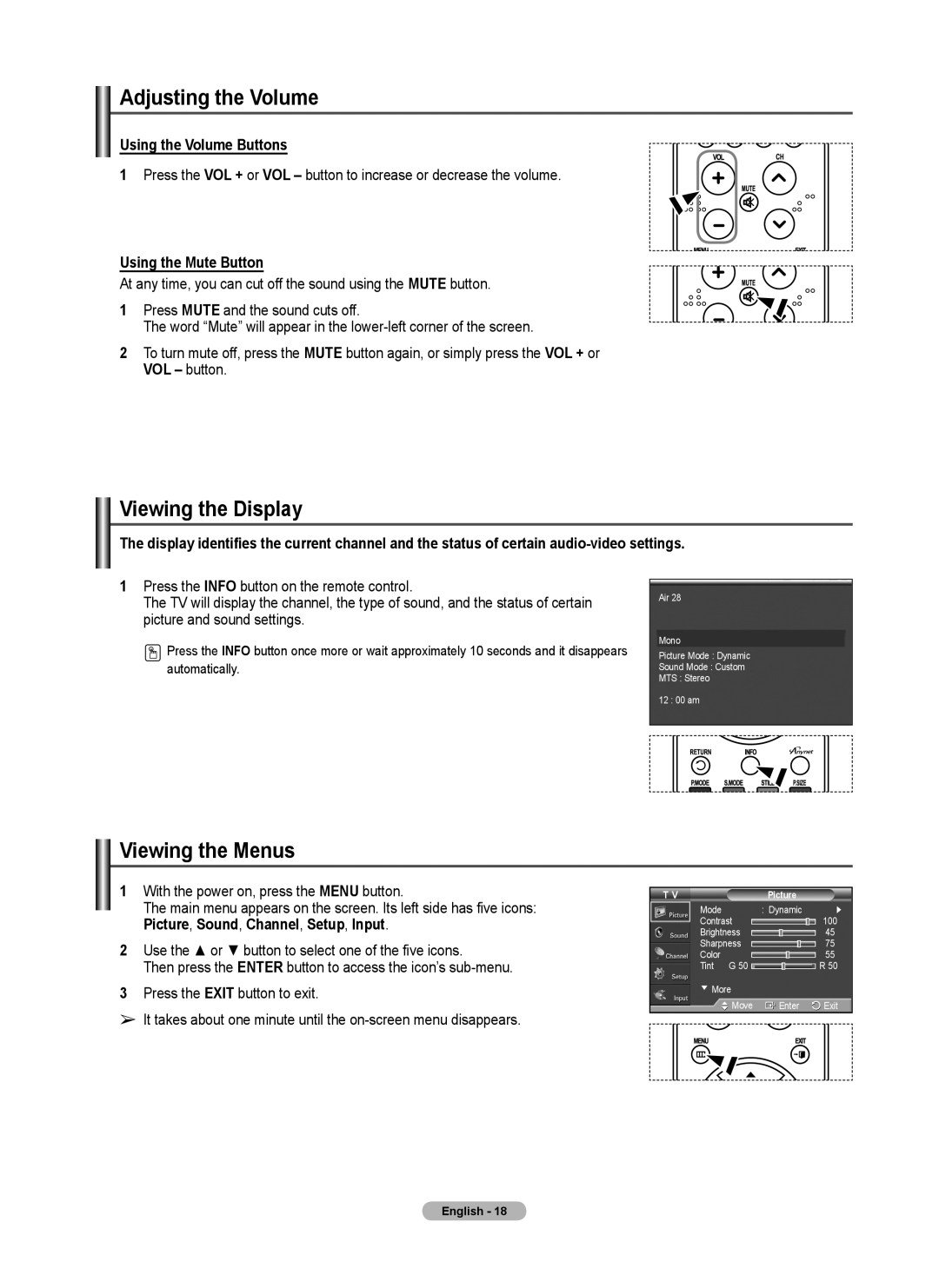 Samsung FP-T6374 manual Adjusting the Volume, Viewing the Display, Viewing the Menus, Using the Volume Buttons 