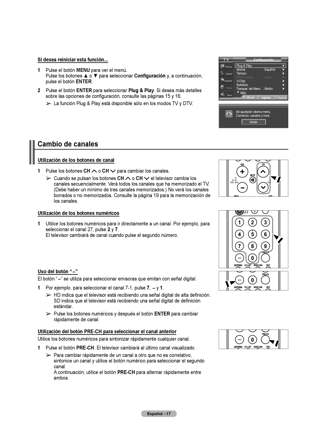 Samsung FP-T6374 Cambio de canales, Si desea reiniciar esta función, Utilización de los botones de canal, Uso del botón 