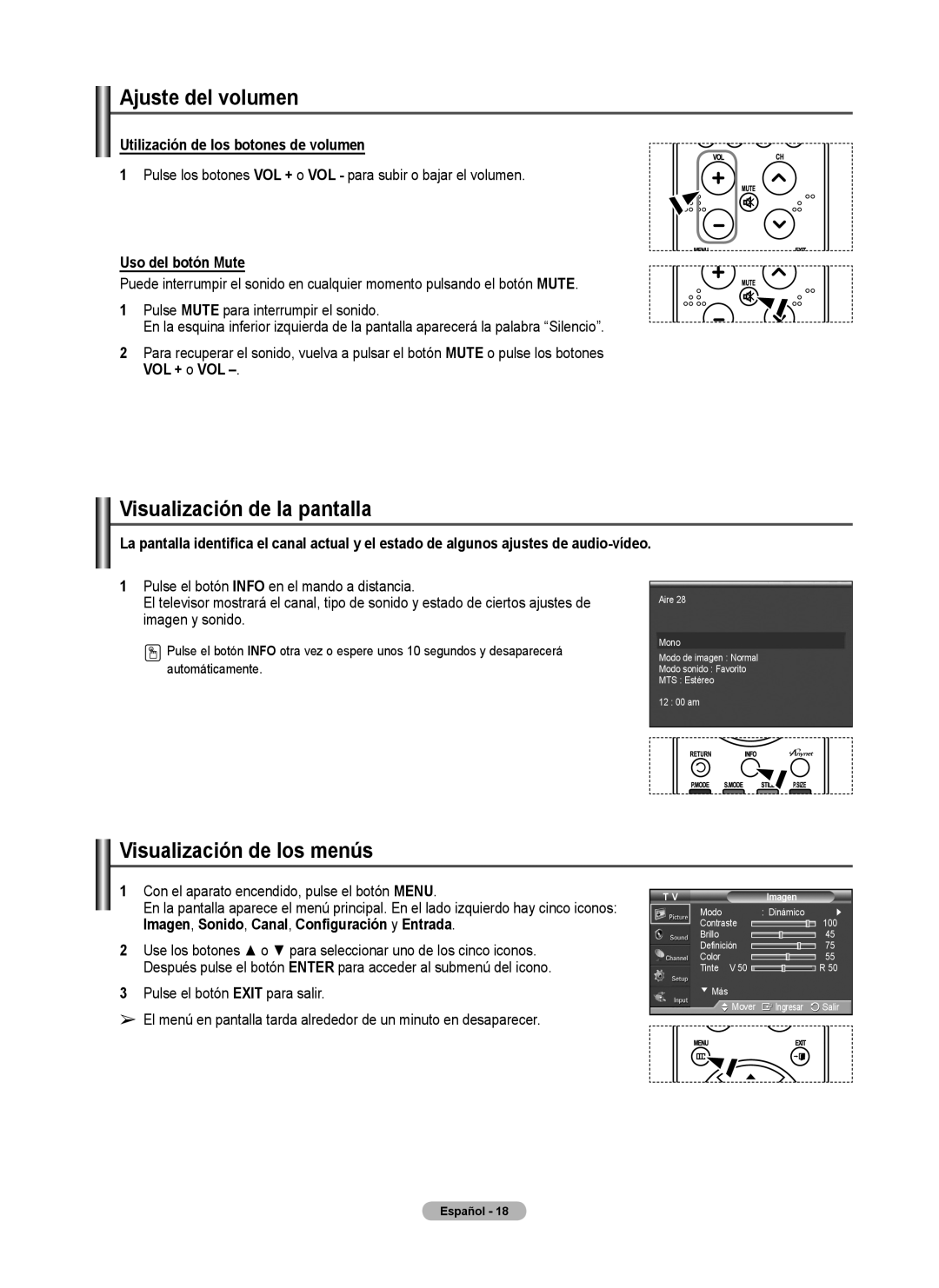 Samsung FP-T6374 manual Ajuste del volumen, Visualización de la pantalla, Visualización de los menús, Uso del botón Mute 