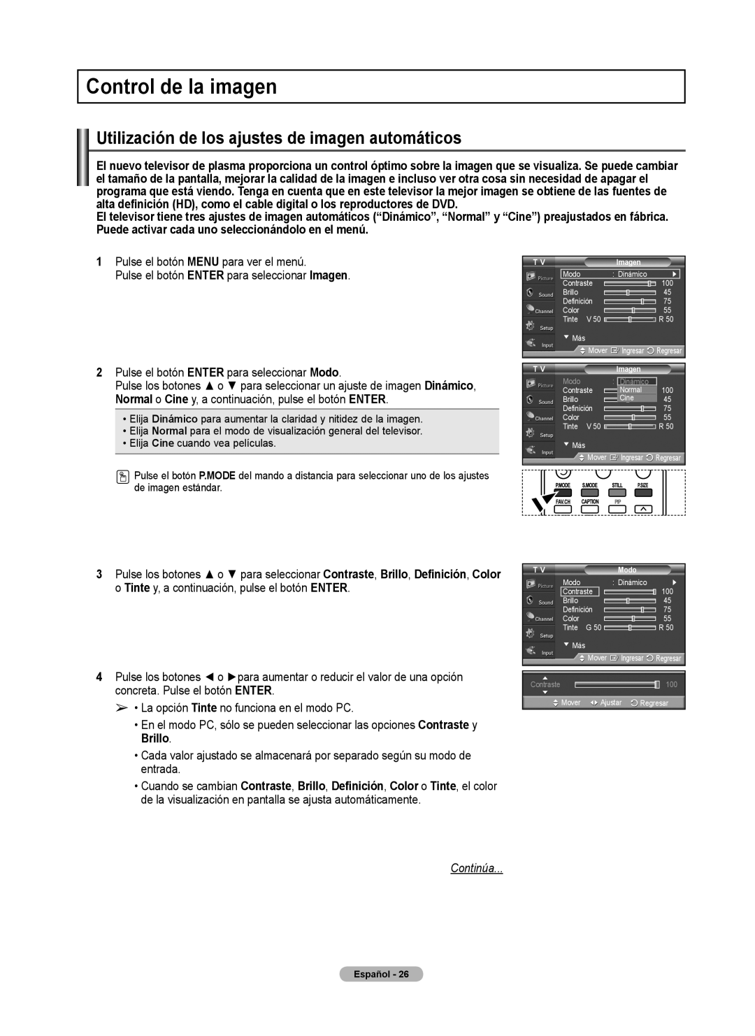 Samsung FP-T6374 manual Control de la imagen, Utilización de los ajustes de imagen automáticos, Modo 