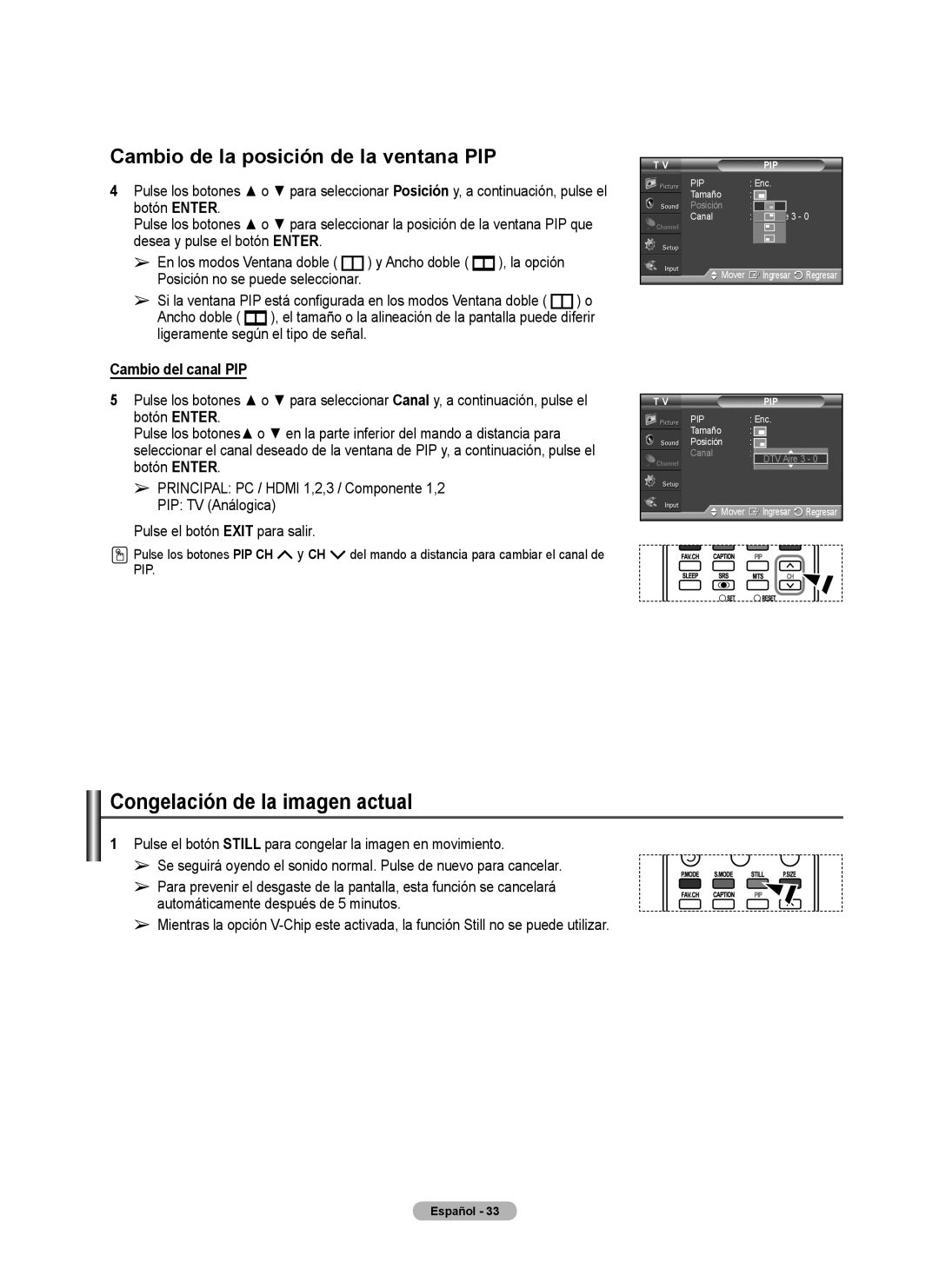 Samsung FP-T6374 Congelación de la imagen actual, La opción, Cambio del canal PIP, En los modos Ventana doble Ancho doble 