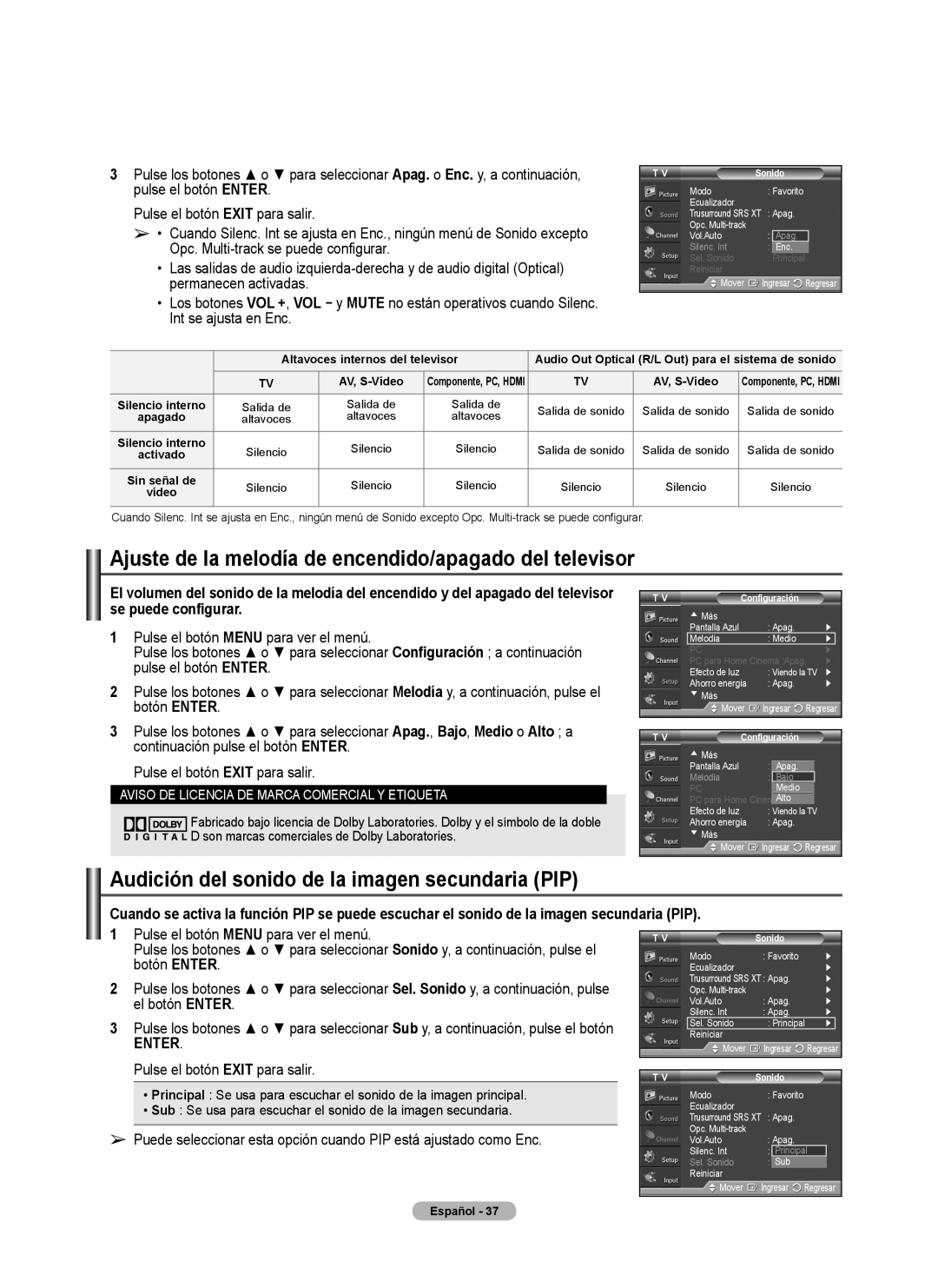 Samsung FP-T6374 Ajuste de la melodía de encendido/apagado del televisor, Audición del sonido de la imagen secundaria PIP 