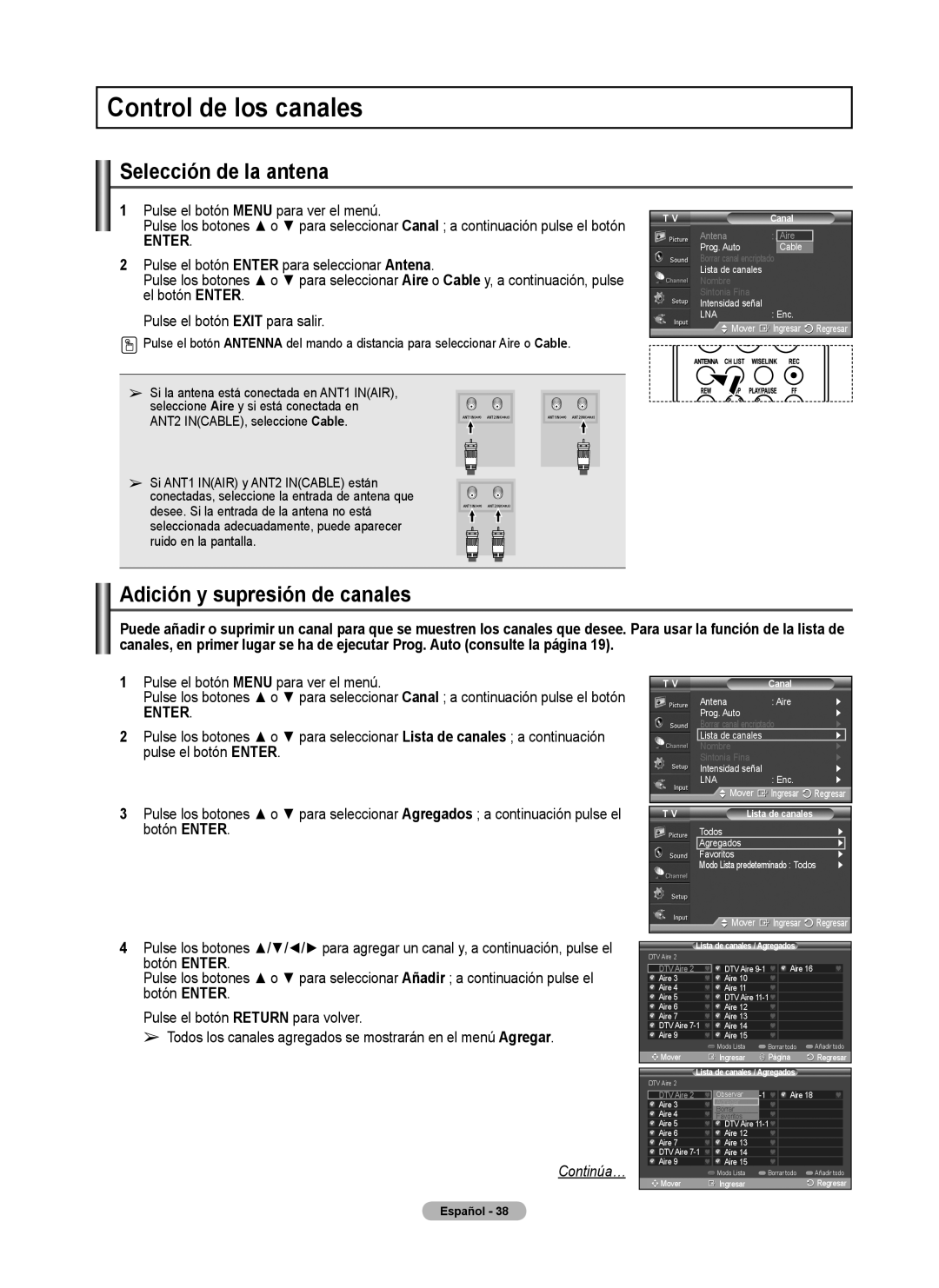 Samsung FP-T6374 manual Control de los canales, Selección de la antena, Adición y supresión de canales, Lista de canales 