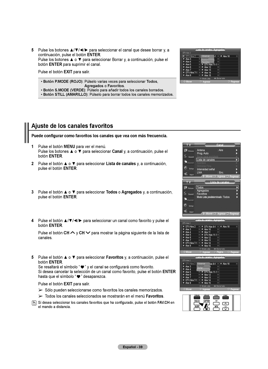 Samsung FP-T6374 manual Ajuste de los canales favoritos, Lista de canales / Agregados 