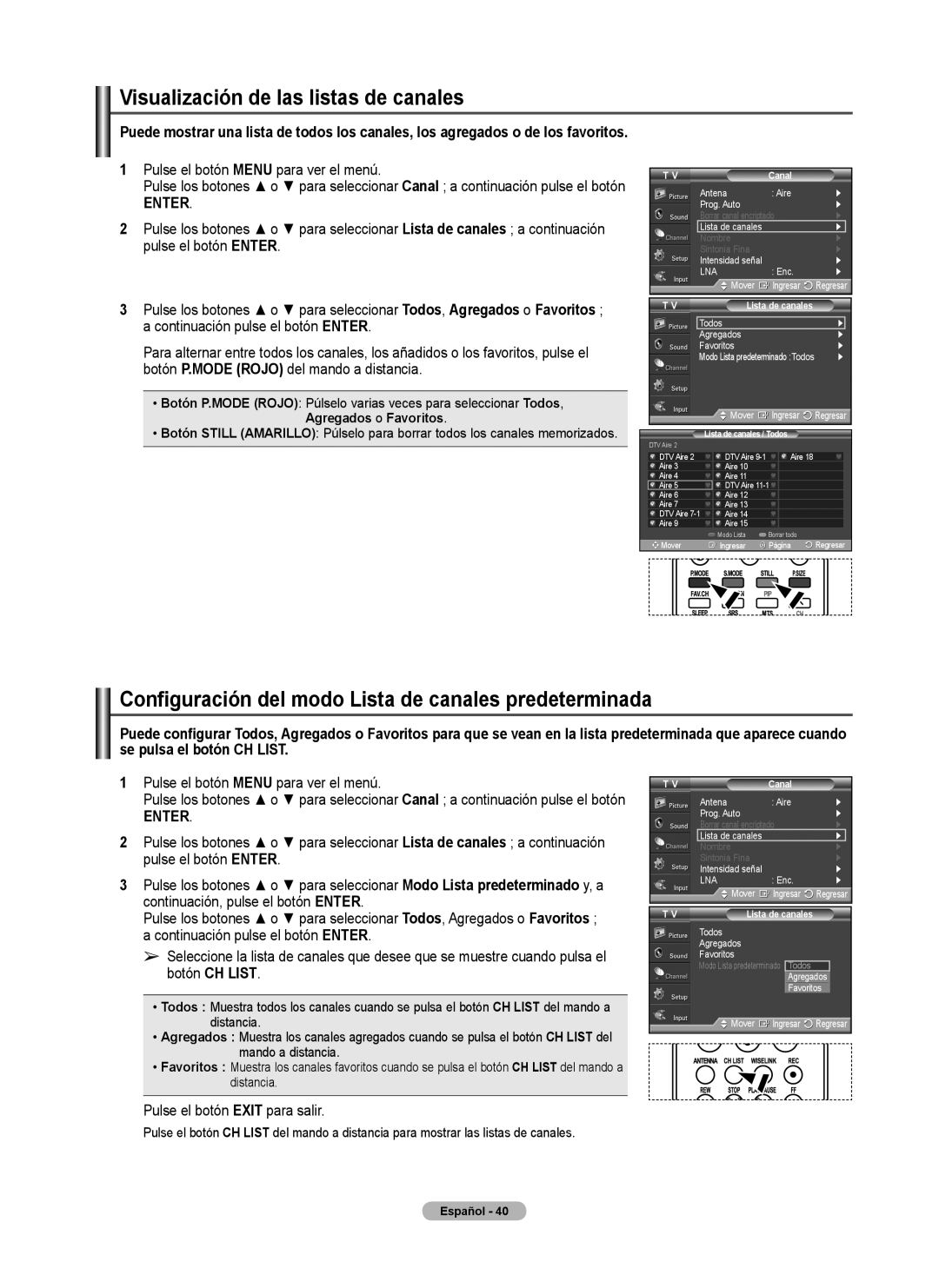 Samsung FP-T6374 manual Visualización de las listas de canales, Configuración del modo Lista de canales predeterminada 