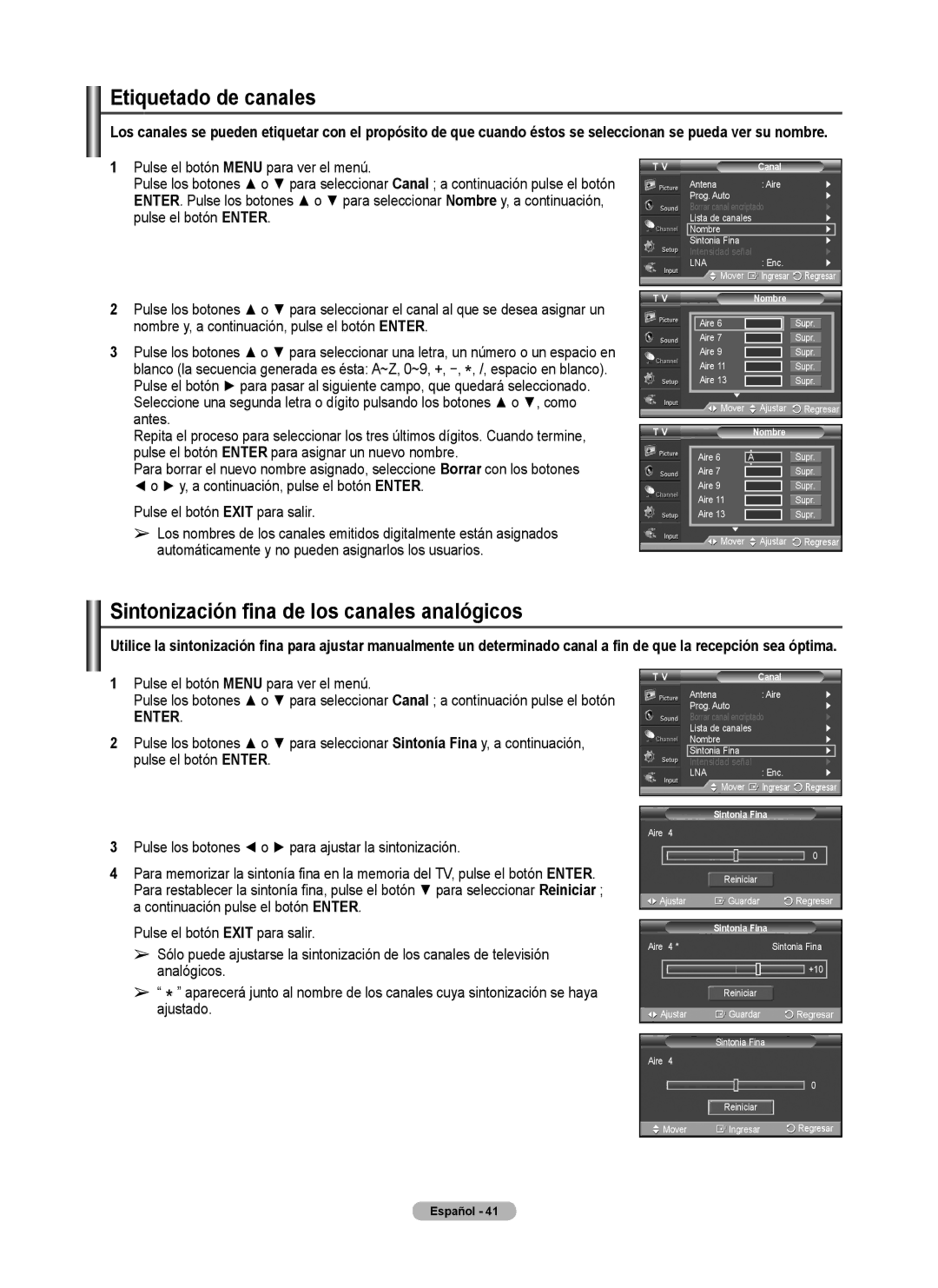 Samsung FP-T6374 manual Etiquetado de canales, Sintonización fina de los canales analógicos, Nombre, Sintonia Fina 