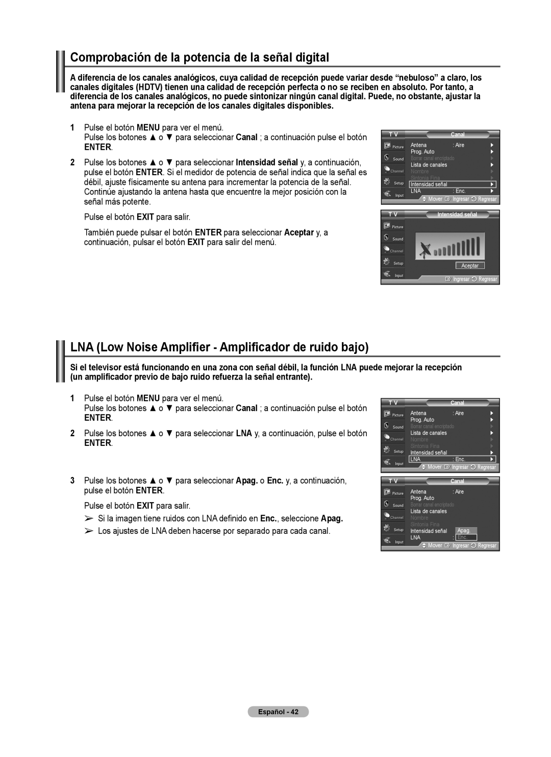 Samsung FP-T6374 manual Comprobación de la potencia de la señal digital, LNA Low Noise Amplifier Amplificador de ruido bajo 