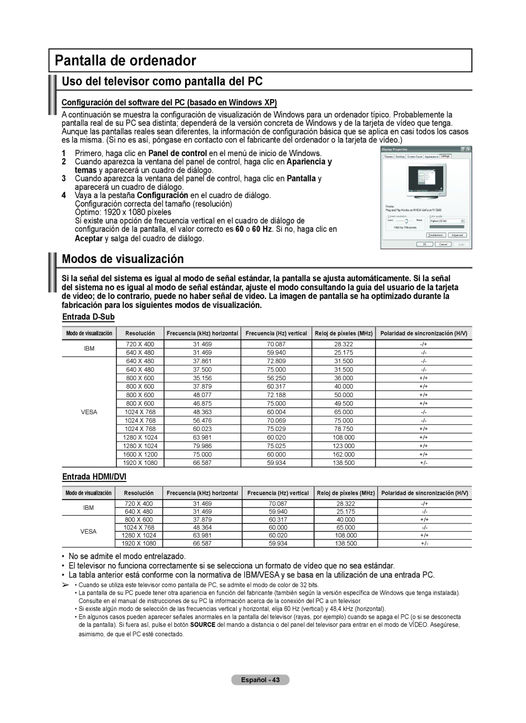 Samsung FP-T6374 manual Pantalla de ordenador, Uso del televisor como pantalla del PC, Modos de visualización 