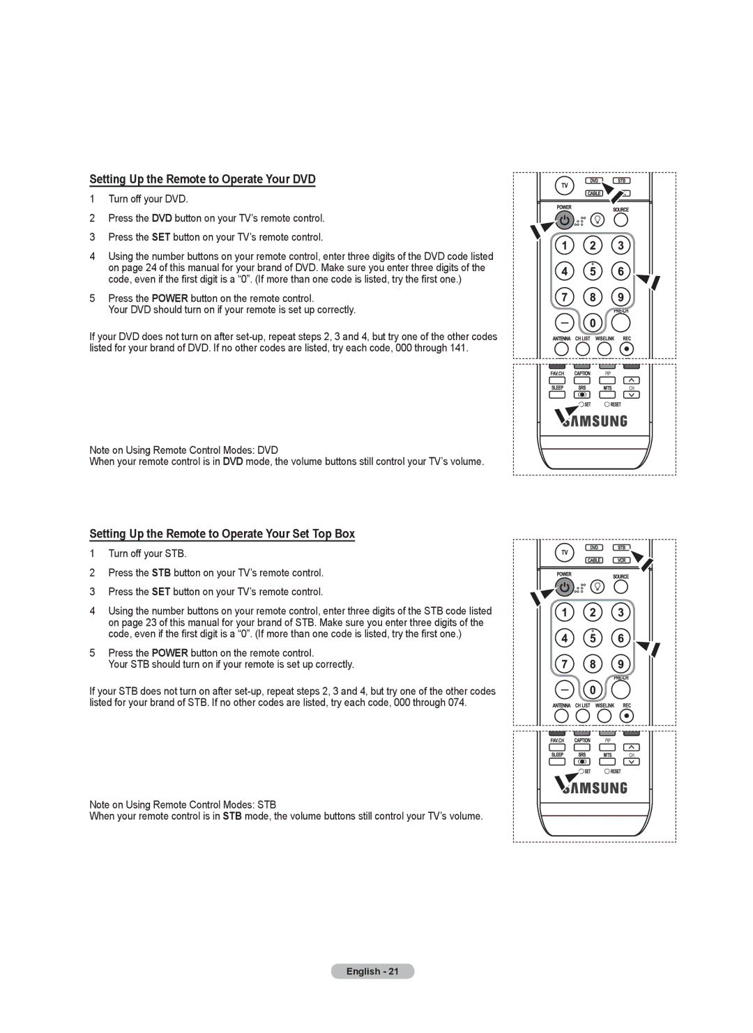 Samsung FP-T6374 manual Setting Up the Remote to Operate Your DVD, Setting Up the Remote to Operate Your Set Top Box 