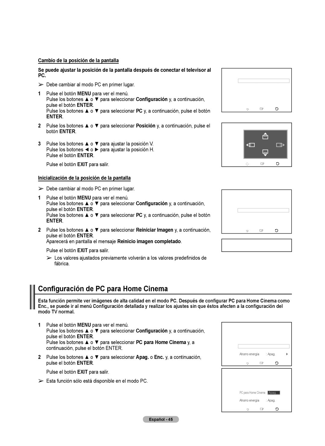 Samsung FP-T6374 manual Configuración de PC para Home Cinema, Inicialización de la posición de la pantalla 