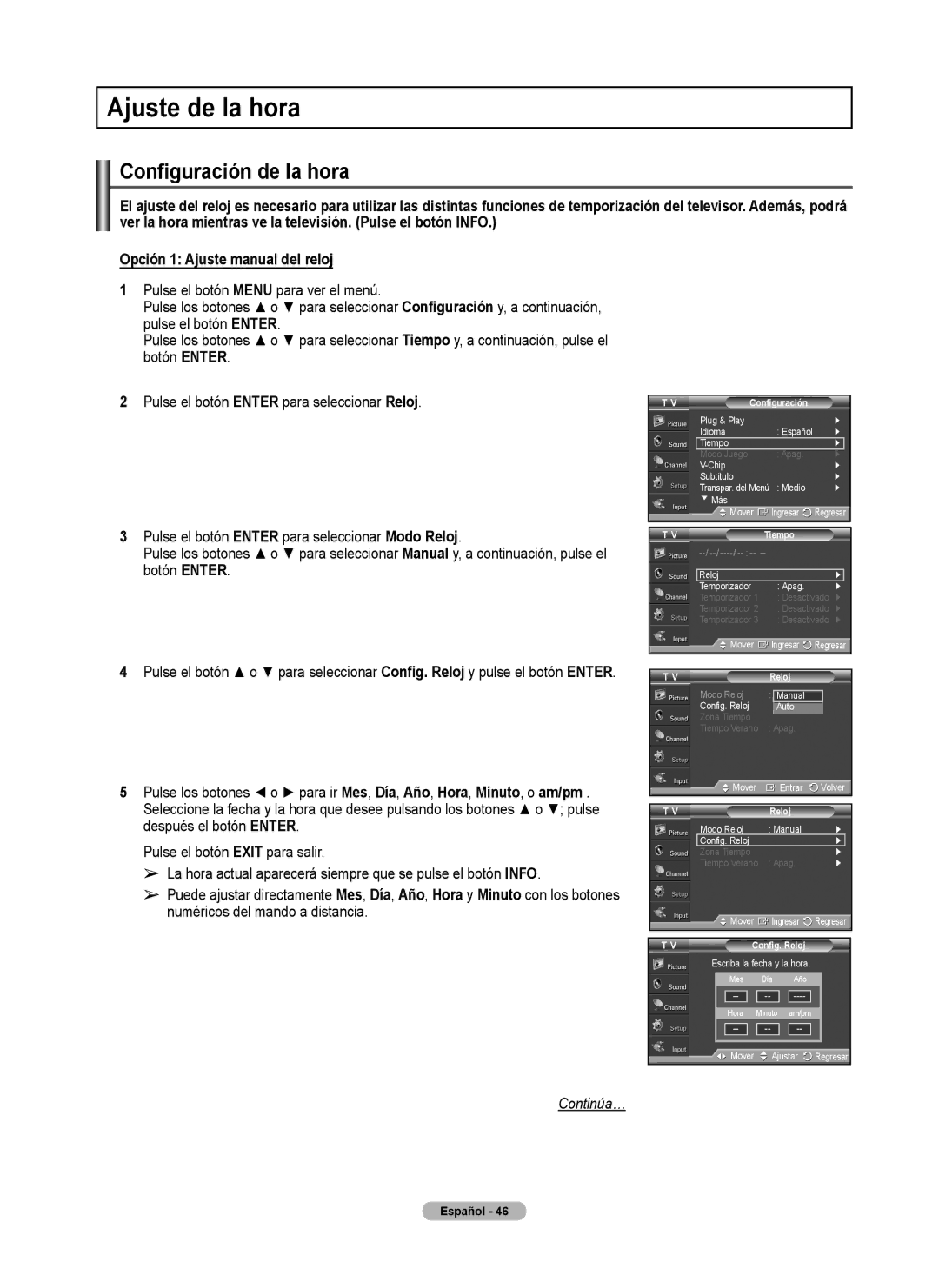 Samsung FP-T6374 manual Ajuste de la hora, Configuración de la hora, Tiempo, Reloj 