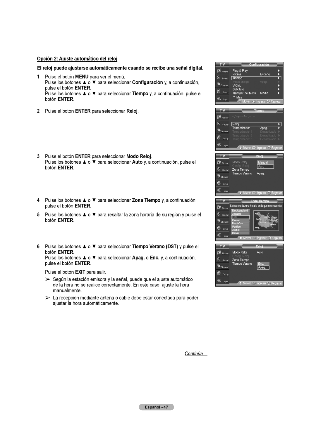 Samsung FP-T6374 manual Opción 2 Ajuste automático del reloj, Zona Tiempo 