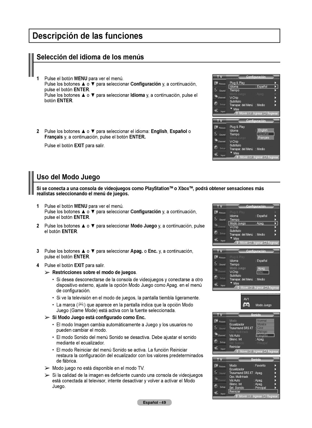 Samsung FP-T6374 manual Descripción de las funciones, Selección del idioma de los menús, Uso del Modo Juego 